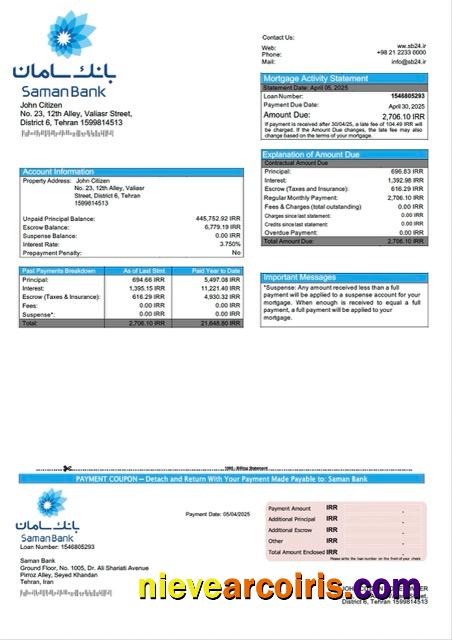 Iran Saman Bank mortgage statement Word and PDF template